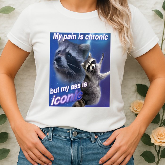 My Pain Is Chronic But My Ass Is Iconic Funny Raccoon Meme Womens T-Shirt
