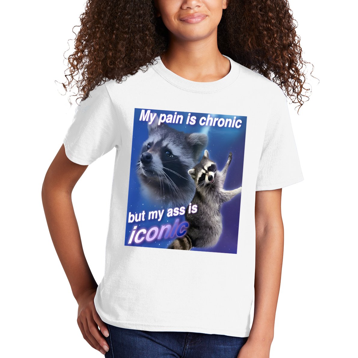 My Pain Is Chronic But My Ass Is Iconic Funny Raccoon Meme Kids T-Shirt