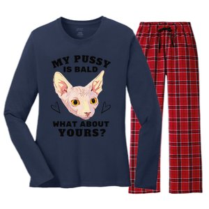 My Pussy Is Bald What About Yours Funny Cat Women's Long Sleeve Flannel Pajama Set 