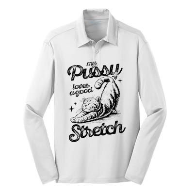 My Pussy Love A Good Stretch Funny Raunchy Cat Silk Touch Performance Long Sleeve Polo