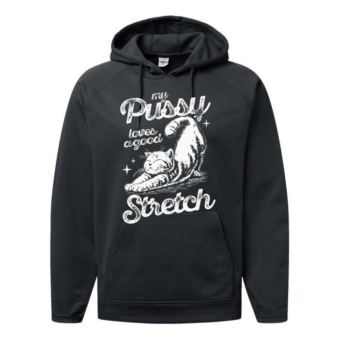 My Pussy Love A Good Stretch Funny Raunchy Cat Funny Meme Performance Fleece Hoodie