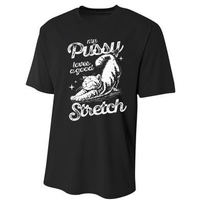 My Pussy Love A Good Stretch Funny Raunchy Cat Funny Meme Performance Sprint T-Shirt