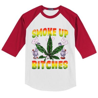 Marijuana Pot Leaf Smoke Up Bitches Cannabis Weed 420 Stoner Kids Colorblock Raglan Jersey