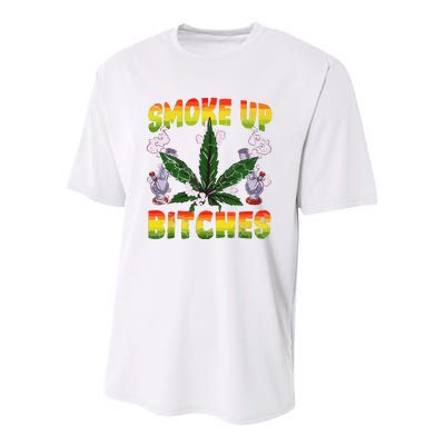 Marijuana Pot Leaf Smoke Up Bitches Cannabis Weed 420 Stoner Youth Performance Sprint T-Shirt