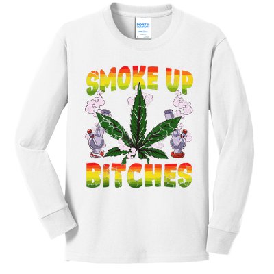 Marijuana Pot Leaf Smoke Up Bitches Cannabis Weed 420 Stoner Kids Long Sleeve Shirt