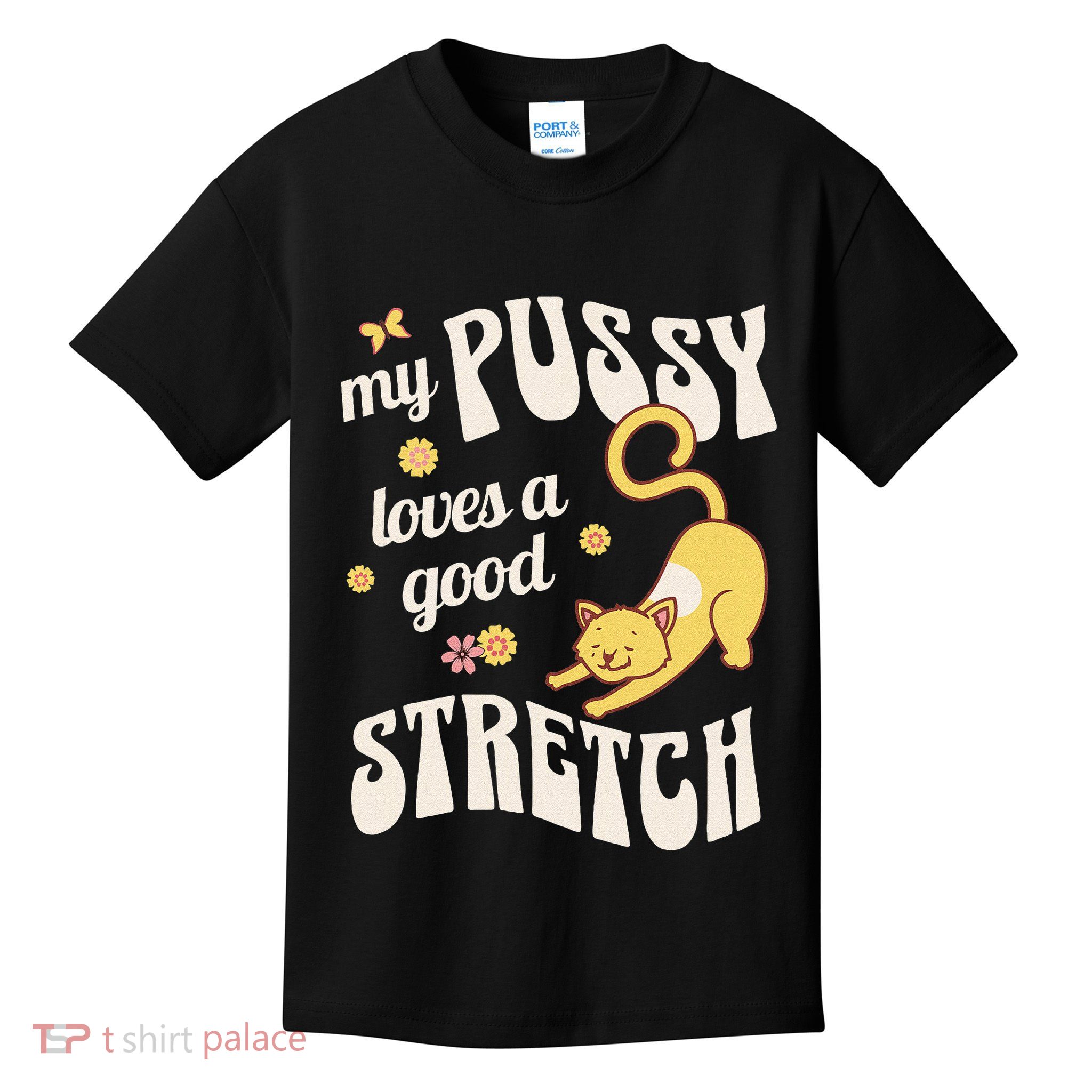 My Pussy Loves A Good Stretch Funny Raunchy Cat Funny Meme .Png Kids T-Shirt