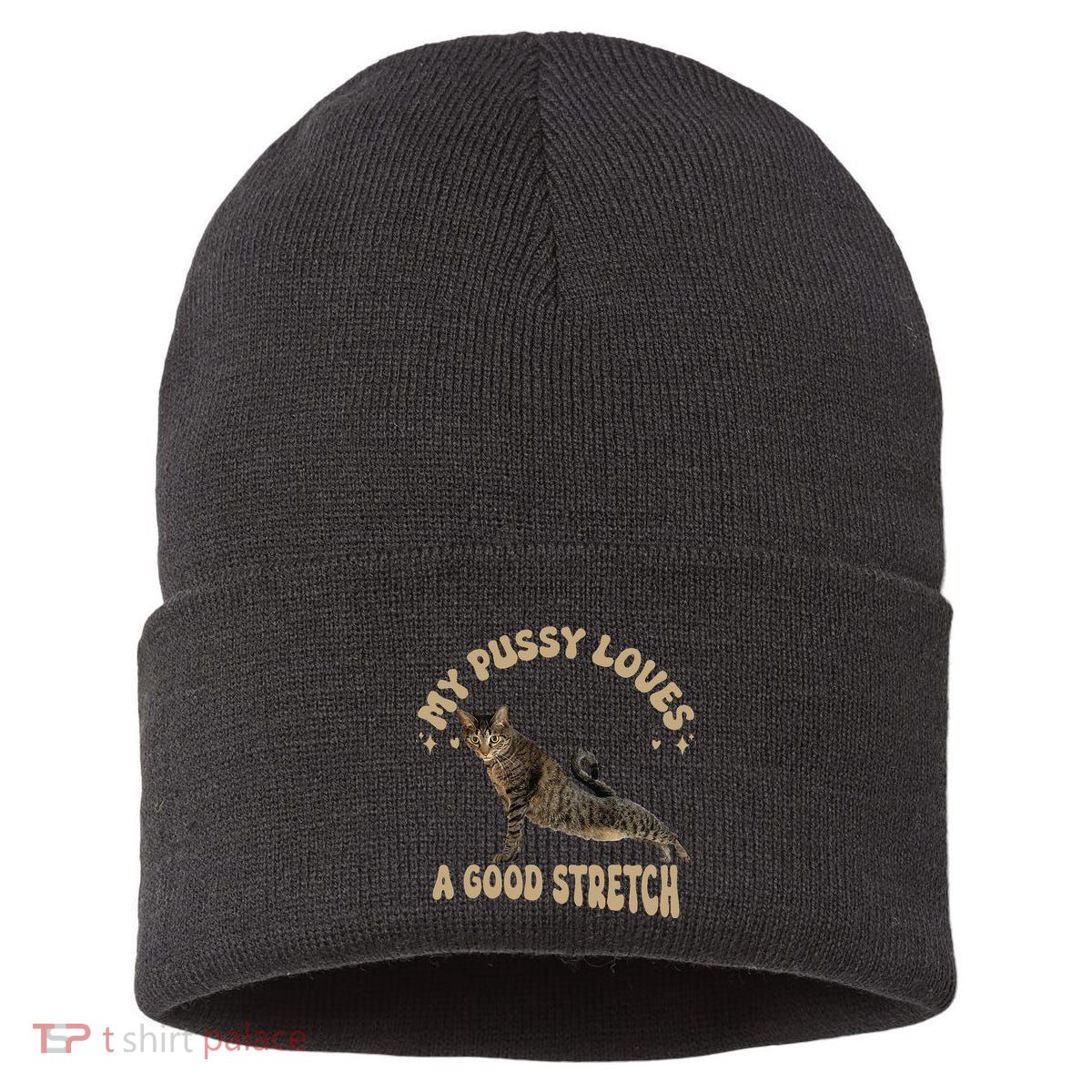 My Pussy Love A Good Stretch Funny Raunchy Cat Meme Sustainable Knit Beanie