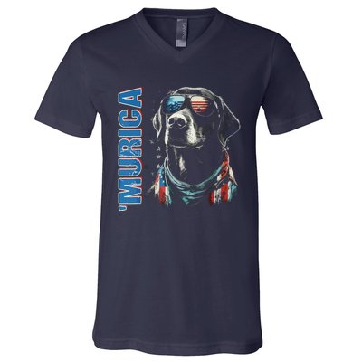 Murica Patriotic Labrador Retriever 4th Of July Dog V-Neck T-Shirt