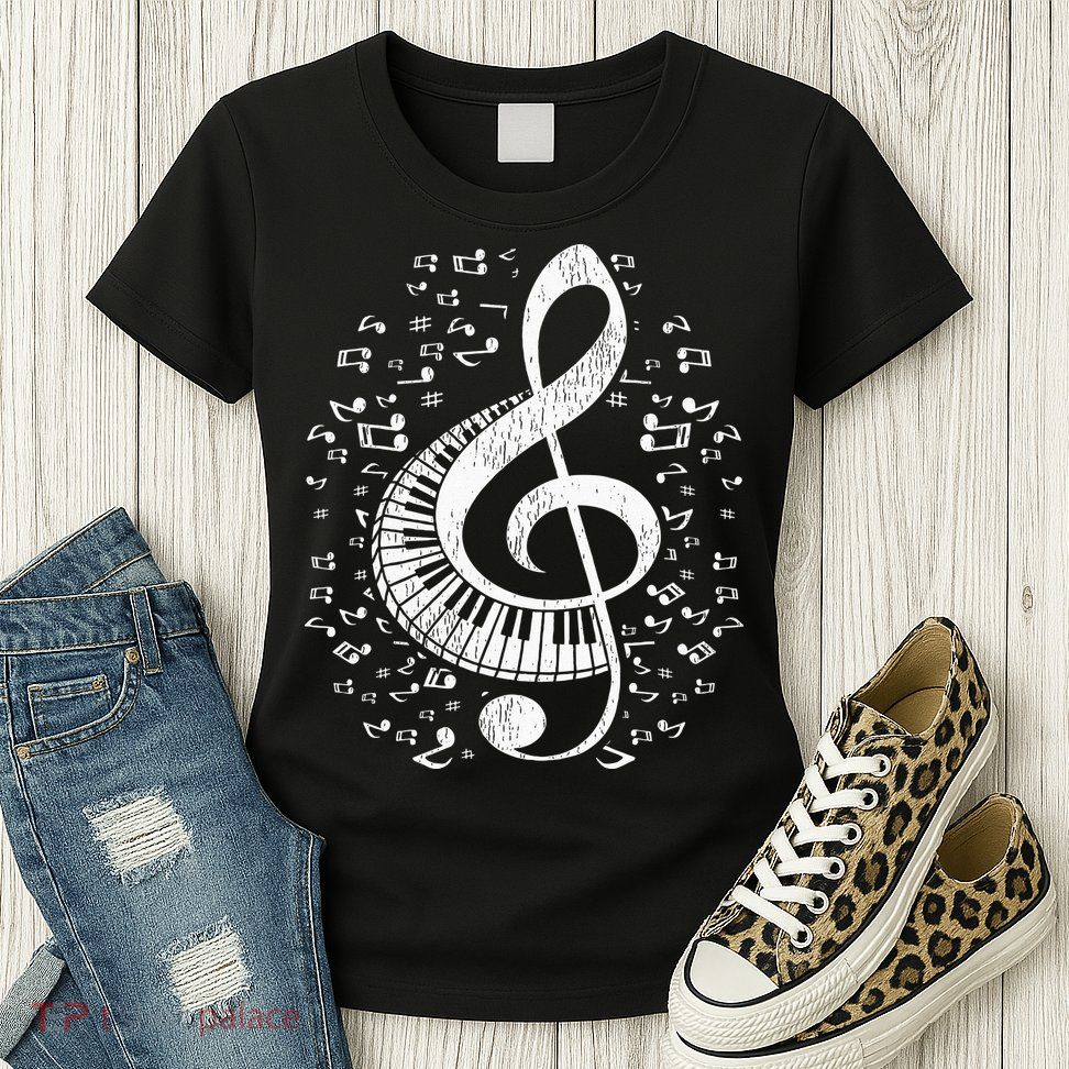 Musician Pianist Music Notes Keyboard Treble Clef Piano Womens T-Shirt