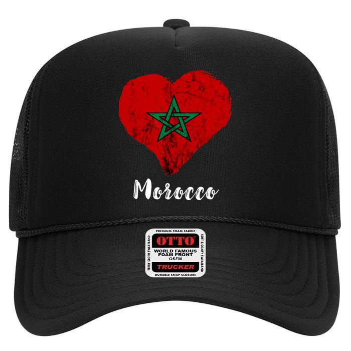 Moroccan Pride Morocco Heart Moroccan Roots Moroccan Flag High Crown Mesh Back Trucker Hat