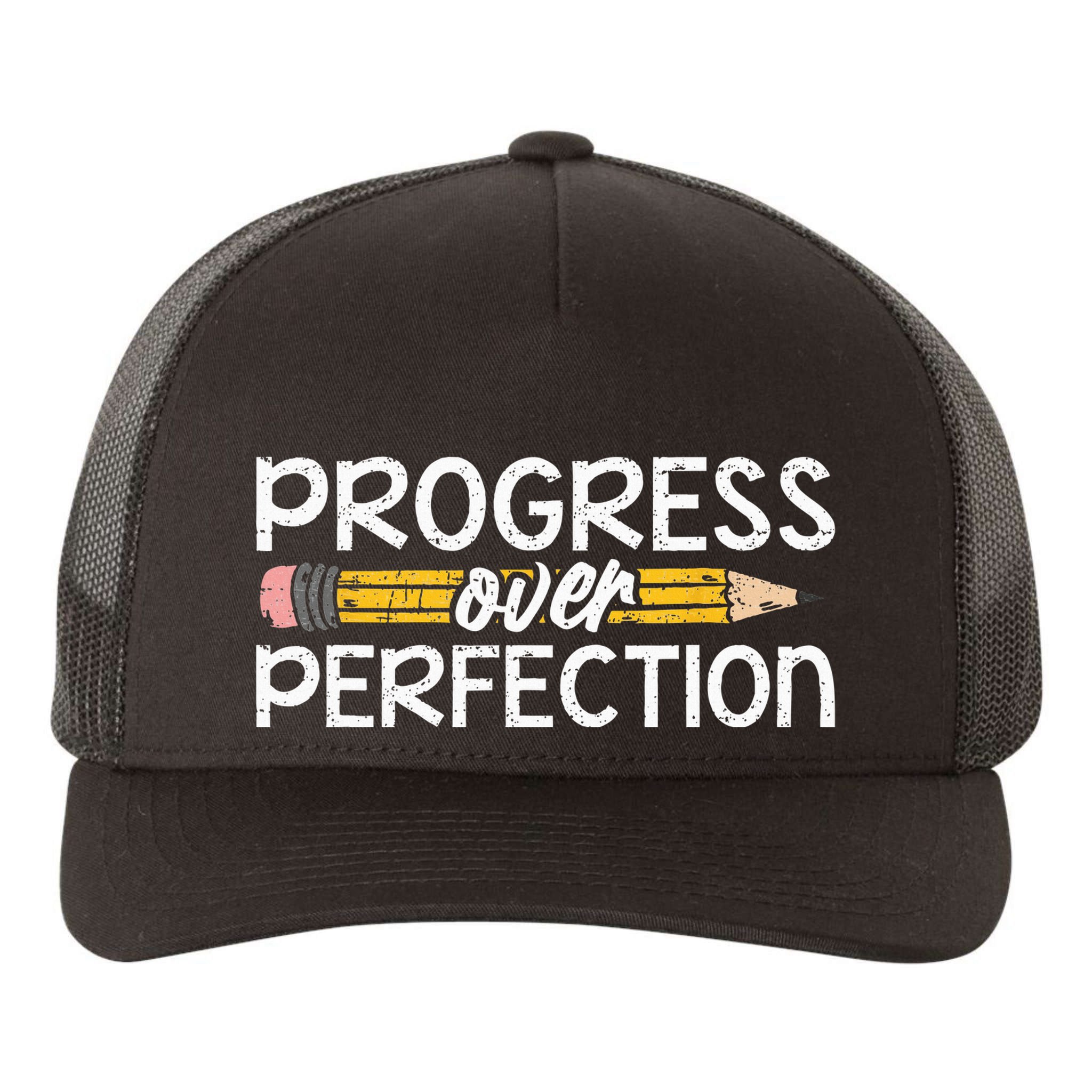 Motivational Progress Over Perfection Back To School Teacher Yupoong Adult 5-Panel Trucker Hat