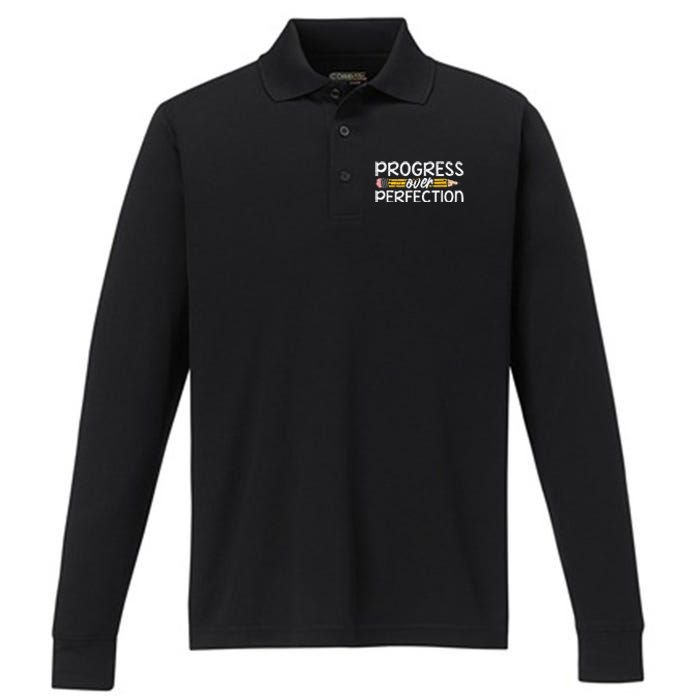 Motivational Progress Over Perfection Back To School Teacher Performance Long Sleeve Polo