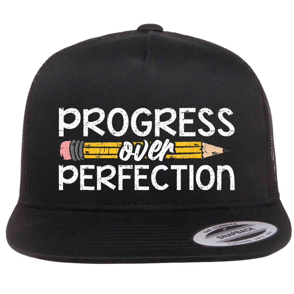 Motivational Progress Over Perfection Back To School Teacher Flat Bill Trucker Hat