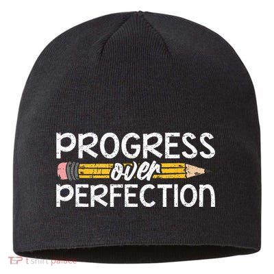 Motivational Progress Over Perfection Back To School Teacher Sustainable Beanie