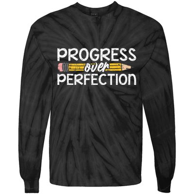 Motivational Progress Over Perfection Back To School Teacher Tie-Dye Long Sleeve Shirt