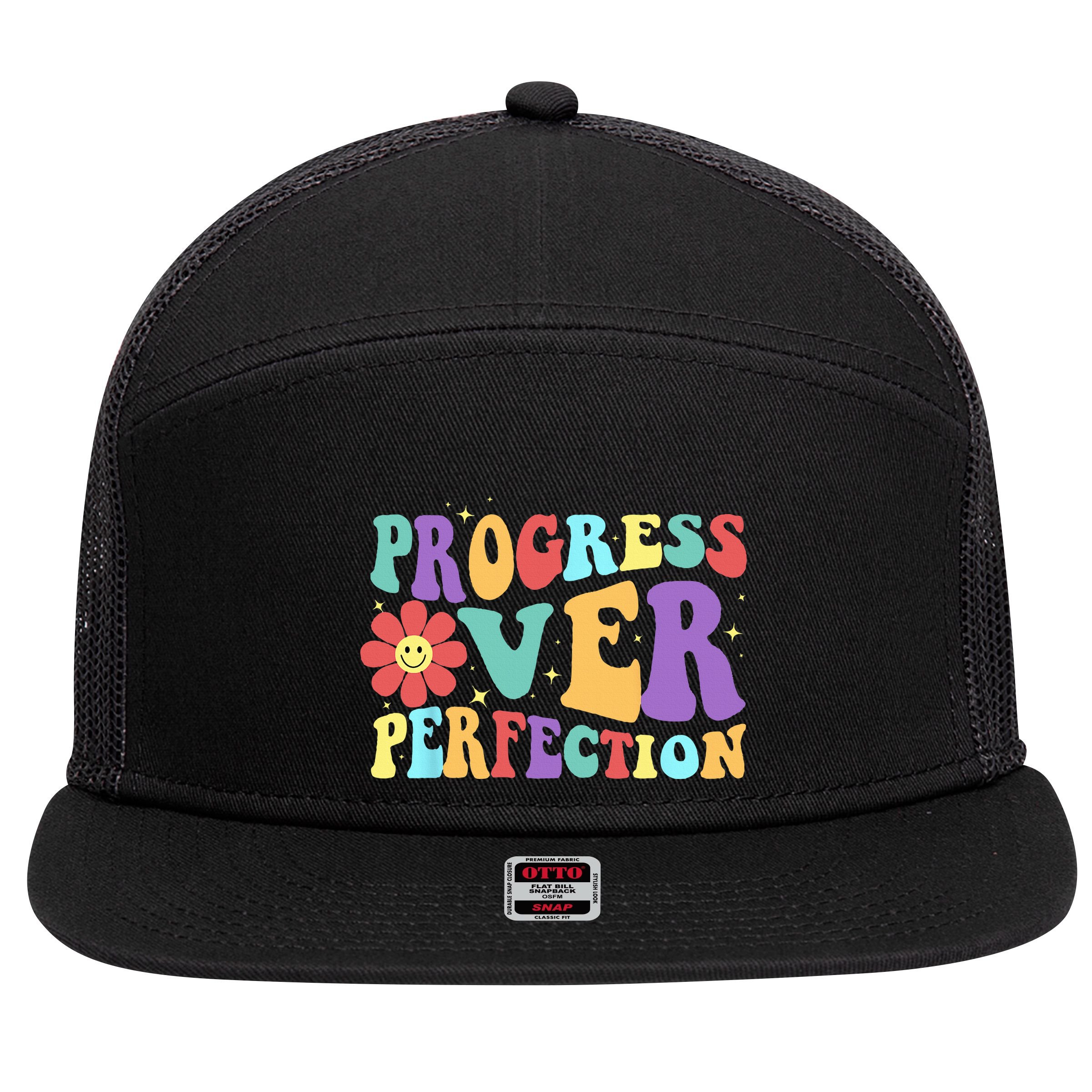 Motivational Progress Over Perfection Back To School Teacher 7 Panel Mesh Trucker Snapback Hat