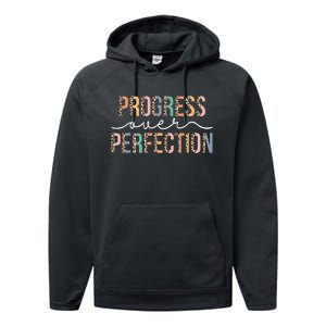 Motivational Progress Over Perfection Leopard Print Teacher Performance Fleece Hoodie