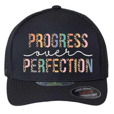 Motivational Progress Over Perfection Leopard Print Teacher Flexfit Unipanel Trucker Cap