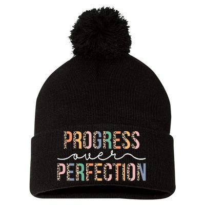 Motivational Progress Over Perfection Leopard Print Teacher Pom Pom 12in Knit Beanie