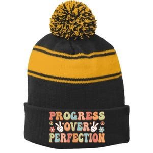 Motivational Progress Over Perfection Back To School Teacher Stripe Pom Pom Beanie