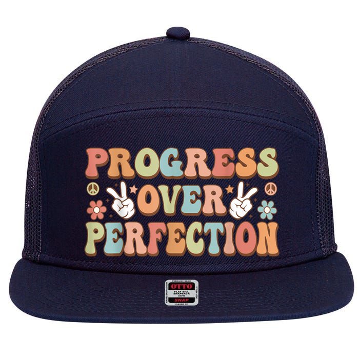 Motivational Progress Over Perfection Back To School Teacher 7 Panel Mesh Trucker Snapback Hat