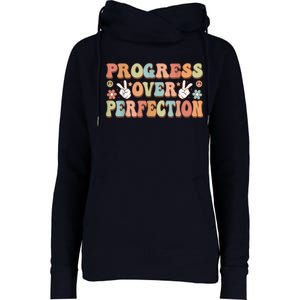 Motivational Progress Over Perfection Back To School Teacher Womens Funnel Neck Pullover Hood