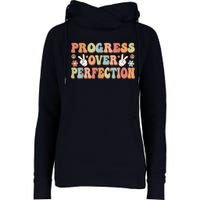 Motivational Progress Over Perfection Back To School Teacher Womens Funnel Neck Pullover Hood