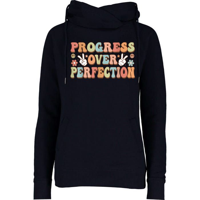 Motivational Progress Over Perfection Back To School Teacher Womens Funnel Neck Pullover Hood