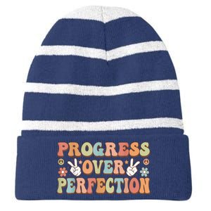 Motivational Progress Over Perfection Back To School Teacher Striped Beanie with Solid Band