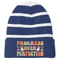 Motivational Progress Over Perfection Back To School Teacher Striped Beanie with Solid Band