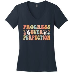 Motivational Progress Over Perfection Back To School Teacher Women's V-Neck T-Shirt