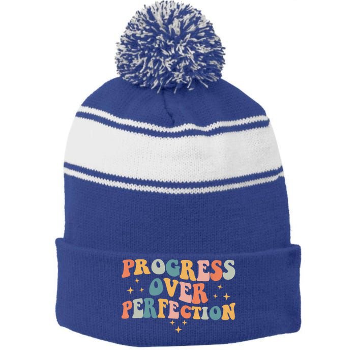 Motivational Progress Over Perfection Back To School Teacher Stripe Pom Pom Beanie