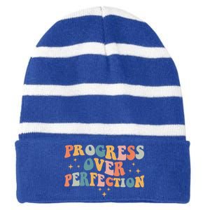 Motivational Progress Over Perfection Back To School Teacher Striped Beanie with Solid Band