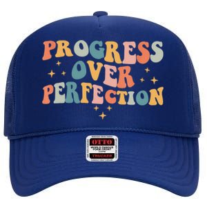 Motivational Progress Over Perfection Back To School Teacher High Crown Mesh Back Trucker Hat