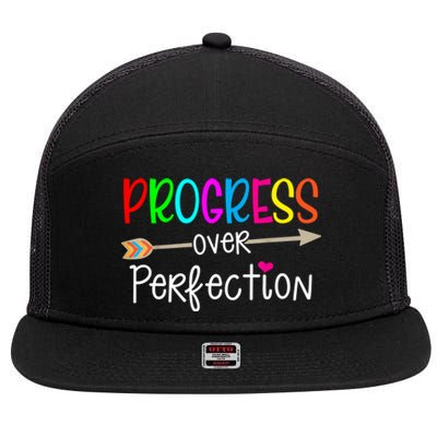 Motivational Progress Over Perfecti To School Teacher Gift 7 Panel Mesh Trucker Snapback Hat