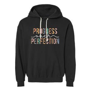 Motivational Progress Over Perfection Leopard Print Teacher Garment-Dyed Fleece Hoodie