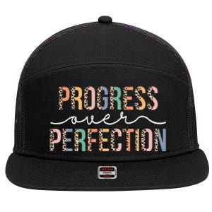 Motivational Progress Over Perfection Leopard Print Teacher 7 Panel Mesh Trucker Snapback Hat