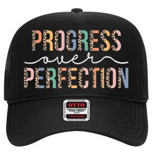 Motivational Progress Over Perfection Leopard Print Teacher High Crown Mesh Back Trucker Hat