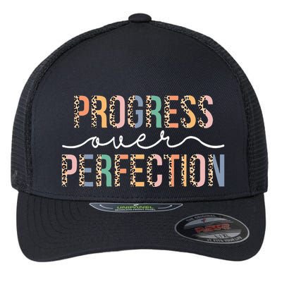 Motivational Progress Over Perfection Leopard Print Teacher Flexfit Unipanel Trucker Cap