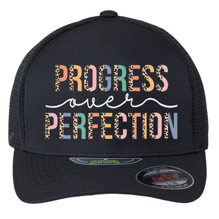 Motivational Progress Over Perfection Leopard Print Teacher Flexfit Unipanel Trucker Cap