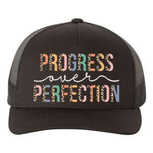 Motivational Progress Over Perfection Leopard Print Teacher Yupoong Adult 5-Panel Trucker Hat