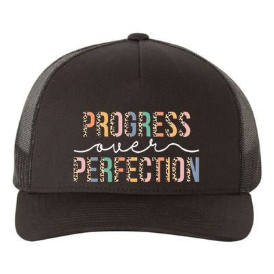 Motivational Progress Over Perfection Leopard Print Teacher Yupoong Adult 5-Panel Trucker Hat