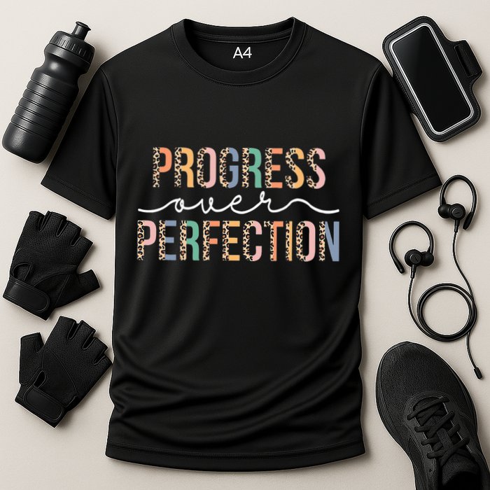 Motivational Progress Over Perfection Leopard Print Teacher Performance Shirt