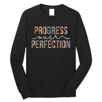 Motivational Progress Over Perfection Leopard Print Teacher Long Sleeve Shirt