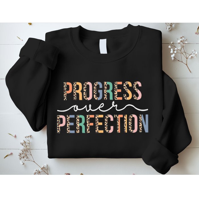 Motivational Progress Over Perfection Leopard Print Teacher Sweatshirt