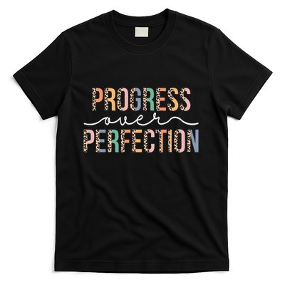 Motivational Progress Over Perfection Leopard Print Teacher T-Shirt