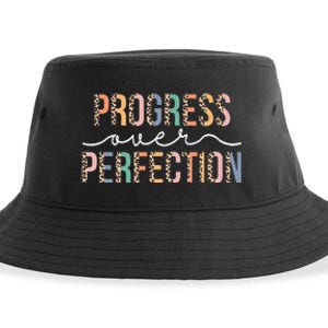 Motivational Progress Over Perfection Leopard Print Teacher Sustainable Bucket Hat