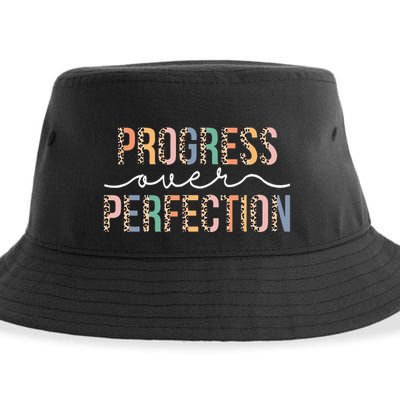 Motivational Progress Over Perfection Leopard Print Teacher Sustainable Bucket Hat