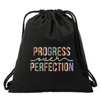 Motivational Progress Over Perfection Leopard Print Teacher Drawstring Bag
