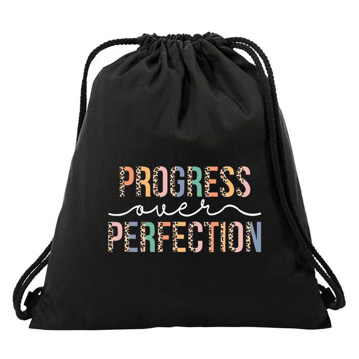 Motivational Progress Over Perfection Leopard Print Teacher Drawstring Bag